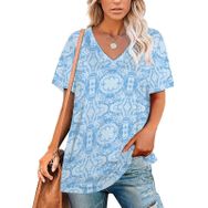 AILLOSA YH-493 Tamamı Baskılı V Yaka Kısa Kollu Kadın T-Shirt