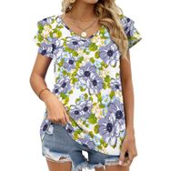 AILLOSA YH-494 Tamamı Baskılı Fırfırlı Kısa Kollu V Yakalı Kadın T-shirt