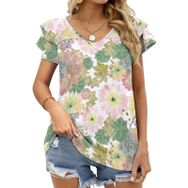 AILLOSA YH-495 Tamamı Baskılı Fırfırlı Kısa Kollu V Yakalı Kadın T-shirt