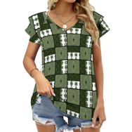 AILLOSA YH-496 Tamamı Baskılı Fırfırlı Kısa Kollu V Yakalı Kadın T-shirt