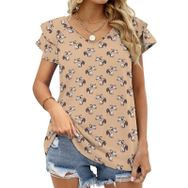 AILLOSA YH-497 Tamamı Baskılı Fırfırlı Kısa Kollu V Yakalı Kadın T-shirt