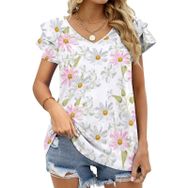 AILLOSA YH-498 Tamamı Baskılı Fırfırlı Kısa Kollu V Yakalı Kadın T-shirt