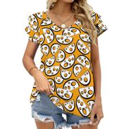 AILLOSA YH-499 Tamamı Baskılı Fırfırlı Kısa Kollu V Yakalı Kadın T-shirt
