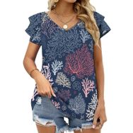 AILLOSA YH-50 Tamamı Baskılı Fırfırlı Kısa Kollu V Yakalı Kadın T-shirt