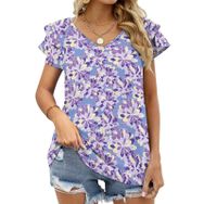 AILLOSA YH-500 Tamamı Baskılı Fırfırlı Kısa Kollu V Yakalı Kadın T-shirt