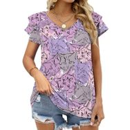 AILLOSA YH-503 Tamamı Baskılı Fırfırlı Kısa Kollu V Yakalı Kadın T-shirt