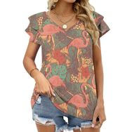AILLOSA YH-504 Tamamı Baskılı Fırfırlı Kısa Kollu V Yakalı Kadın T-shirt
