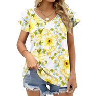 AILLOSA YH-505 Tamamı Baskılı Fırfırlı Kısa Kollu V Yakalı Kadın T-shirt