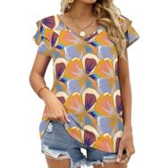 AILLOSA YH-507 Tamamı Baskılı Fırfırlı Kısa Kollu V Yakalı Kadın T-shirt