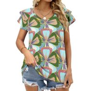 AILLOSA YH-508 Tamamı Baskılı Fırfırlı Kısa Kollu V Yakalı Kadın T-shirt