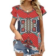 AILLOSA YH-509 Tamamı Baskılı Fırfırlı Kısa Kollu V Yakalı Kadın T-shirt