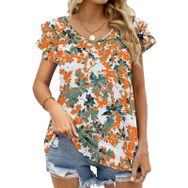 AILLOSA YH-51 Tamamı Baskılı Fırfırlı Kısa Kollu V Yakalı Kadın T-shirt