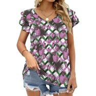AILLOSA YH-510 Tamamı Baskılı Fırfırlı Kısa Kollu V Yakalı Kadın T-shirt
