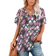 AILLOSA YH-510 Tamamı Baskılı V Yaka Kısa Kollu Kadın T-Shirt