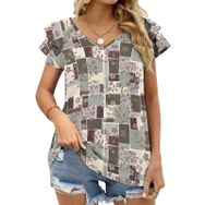 AILLOSA YH-511 Tamamı Baskılı Fırfırlı Kısa Kollu V Yakalı Kadın T-shirt