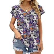 AILLOSA YH-512 Tamamı Baskılı Fırfırlı Kısa Kollu V Yakalı Kadın T-shirt