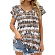 AILLOSA YH-513 Tamamı Baskılı Fırfırlı Kısa Kollu V Yakalı Kadın T-shirt