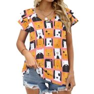 AILLOSA YH-516 Tamamı Baskılı Fırfırlı Kısa Kollu V Yakalı Kadın T-shirt