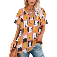 AILLOSA YH-516 Tamamı Baskılı Kısa Kollu V Yakalı Kadın T-shirt