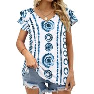 AILLOSA YH-517 Tamamı Baskılı Fırfırlı Kısa Kollu V Yakalı Kadın T-shirt