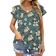 AILLOSA YH-518 Tamamı Baskılı Fırfırlı Kısa Kollu V Yakalı Kadın T-shirt