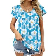 AILLOSA YH-519 Tamamı Baskılı Fırfırlı Kısa Kollu V Yakalı Kadın T-shirt