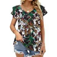AILLOSA YH-52 Tamamı Baskılı Fırfırlı Kısa Kollu V Yakalı Kadın T-shirt