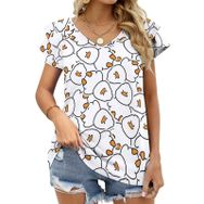 AILLOSA YH-521 Tamamı Baskılı Fırfırlı Kısa Kollu V Yakalı Kadın T-shirt
