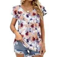 AILLOSA YH-522 Tamamı Baskılı Fırfırlı Kısa Kollu V Yakalı Kadın T-shirt