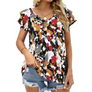 AILLOSA YH-523 Tamamı Baskılı Fırfırlı Kısa Kollu V Yakalı Kadın T-shirt
