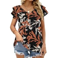 AILLOSA YH-525 Tamamı Baskılı Fırfırlı Kısa Kollu V Yakalı Kadın T-shirt
