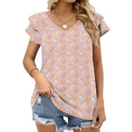AILLOSA YH-526 Tamamı Baskılı Fırfırlı Kısa Kollu V Yakalı Kadın T-shirt