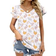 AILLOSA YH-527 Tamamı Baskılı Fırfırlı Kısa Kollu V Yakalı Kadın T-shirt