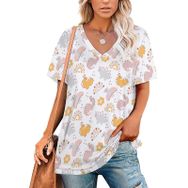 AILLOSA YH-527 Tamamı Baskılı V Yaka Kısa Kollu Kadın T-Shirt