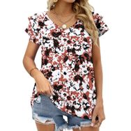 AILLOSA YH-528 Tamamı Baskılı Fırfırlı Kısa Kollu V Yakalı Kadın T-shirt