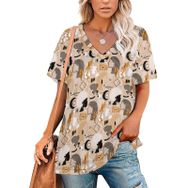 AILLOSA YH-529 Tamamı Baskılı V Yaka Kısa Kollu Kadın T-Shirt
