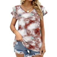 AILLOSA YH-53 Tamamı Baskılı Fırfırlı Kısa Kollu V Yakalı Kadın T-shirt