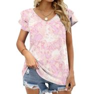 AILLOSA YH-530 Tamamı Baskılı Fırfırlı Kısa Kollu V Yakalı Kadın T-shirt