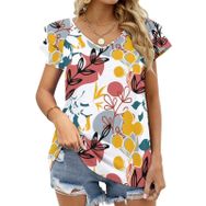 AILLOSA YH-532 Tamamı Baskılı Fırfırlı Kısa Kollu V Yakalı Kadın T-shirt