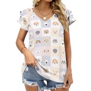 AILLOSA YH-534 Tamamı Baskılı Fırfırlı Kısa Kollu V Yakalı Kadın T-shirt