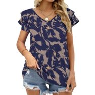 AILLOSA YH-535 Tamamı Baskılı Fırfırlı Kısa Kollu V Yakalı Kadın T-shirt