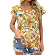 AILLOSA YH-536 Tamamı Baskılı Fırfırlı Kısa Kollu V Yakalı Kadın T-shirt