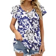 AILLOSA YH-537 Tamamı Baskılı Fırfırlı Kısa Kollu V Yakalı Kadın T-shirt