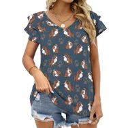 AILLOSA YH-538 Tamamı Baskılı Fırfırlı Kısa Kollu V Yakalı Kadın T-shirt
