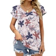 AILLOSA YH-539 Tamamı Baskılı Fırfırlı Kısa Kollu V Yakalı Kadın T-shirt
