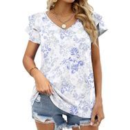 AILLOSA YH-54 Tamamı Baskılı Fırfırlı Kısa Kollu V Yakalı Kadın T-shirt