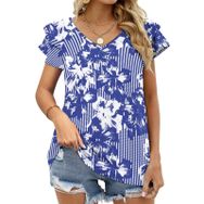 AILLOSA YH-540 Tamamı Baskılı Fırfırlı Kısa Kollu V Yakalı Kadın T-shirt