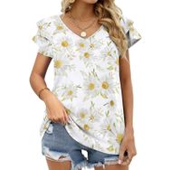 AILLOSA YH-541 Tamamı Baskılı Fırfırlı Kısa Kollu V Yakalı Kadın T-shirt