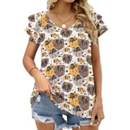 AILLOSA YH-542 Tamamı Baskılı Fırfırlı Kısa Kollu V Yakalı Kadın T-shirt