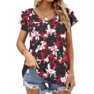 AILLOSA YH-545 Tamamı Baskılı Fırfırlı Kısa Kollu V Yakalı Kadın T-shirt